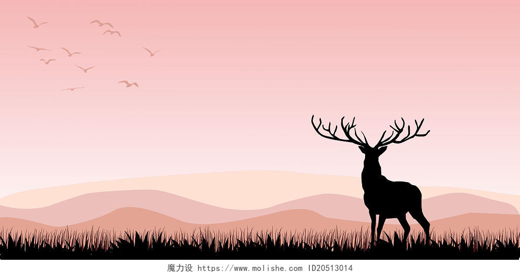 粉红渐变动物鹿粉红天空草地剪影山动物展板背景